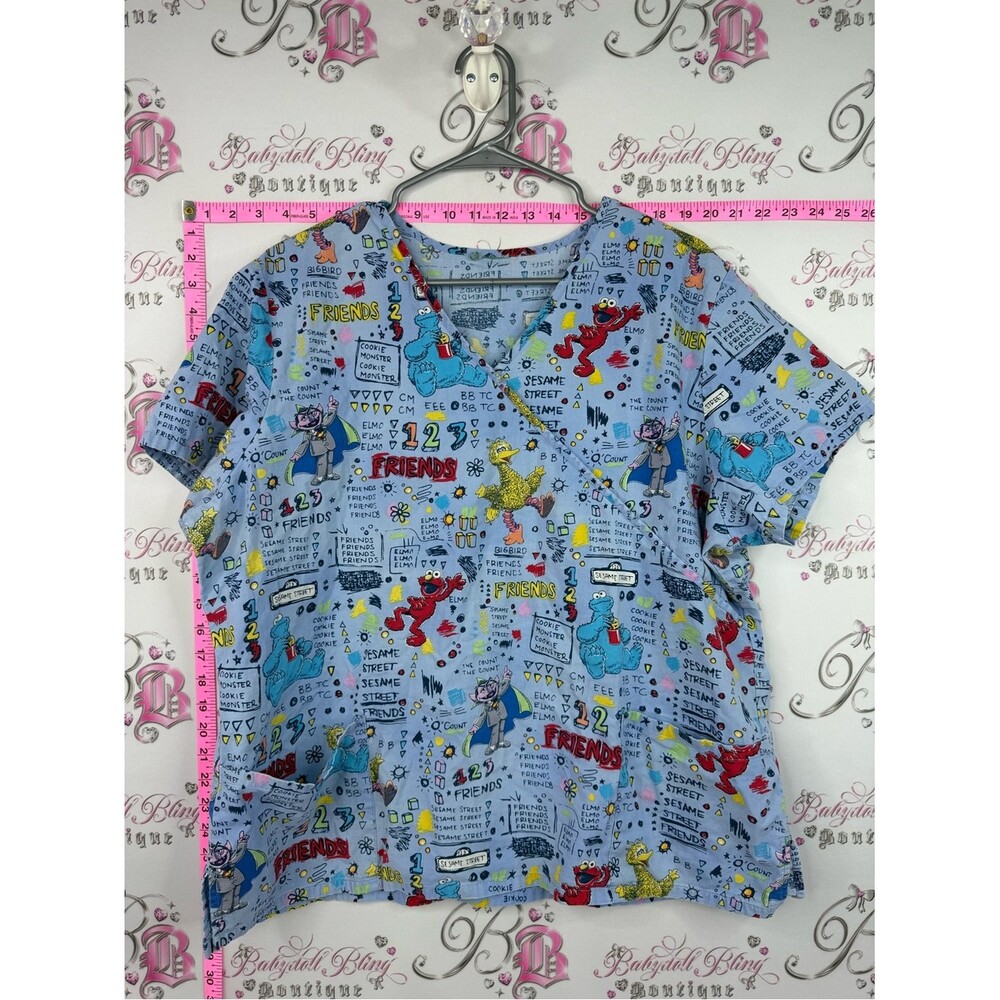 Sesame Street scrubs top tee Light Blue Character Print V-Neck Scrub Top